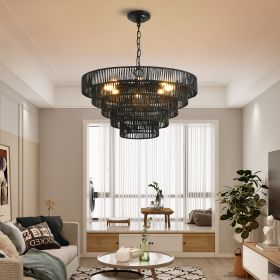 24" Rustic 5-Tier Black Hemp Rope Pendant Light Chandelier with 8 E12 Sockets, Boho Farmhouse Ceiling Fixture for Dining Room, Kitchen