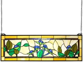 Stained Glass Window Panel, 35.2" x 13.1" Tiffany Style Hanging Transom Window Panel with Chain, Large Horizontal Rectangle Stain Glass