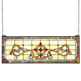 Stained Glass Window Panel, 32" x 11" Tiffany Style Hanging Transom Window Panel with Chain, Large Horizontal Rectangle Stain Glass