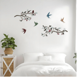 4PCS Metal Birds Wall Art Birds on Branch Silhouette Art Metal Leaves Wall Decor Swallow Bird Outdoor Wall Art for Home Office Balcony Garden Dec