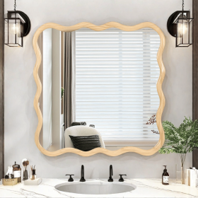 Solid Wood Wavy Square Mirror-Natural Wood 36" x 36" Modern Mirror Wall Decor for Bathroom, Bedroom, Living Room, Dining Room, Cloakroom, Entrywa